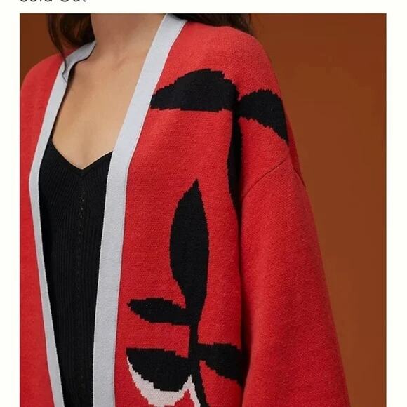 Anthropologie Sweater OS Red Floral Laetitia Rouget Botanical Kimono Cardigan - Picture 3 of 10